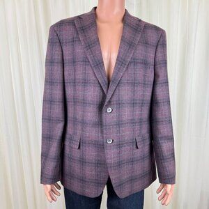 Tallia Men’s Plaid Sport Coat Blazer 46R Gray Pink Windowpane Jacket Wool Blend